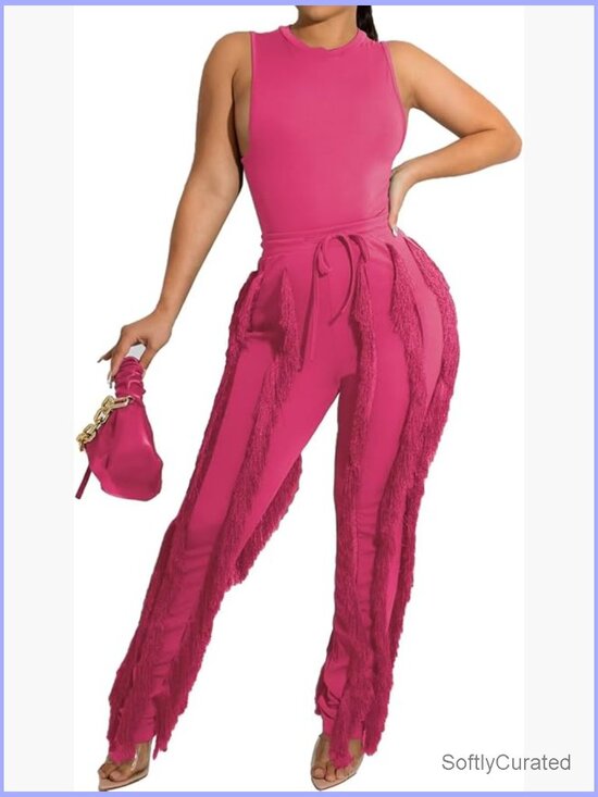 Pants - Sexy Fringe Pants Set 2 Piece Outfits Club Party Crop Top